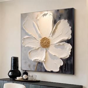 Beige Abstract Flower Oil Painting on Canvas, Large Wall Art, Original Minimalist Art Textured Floral Painting Boho Wall Decor Living Room