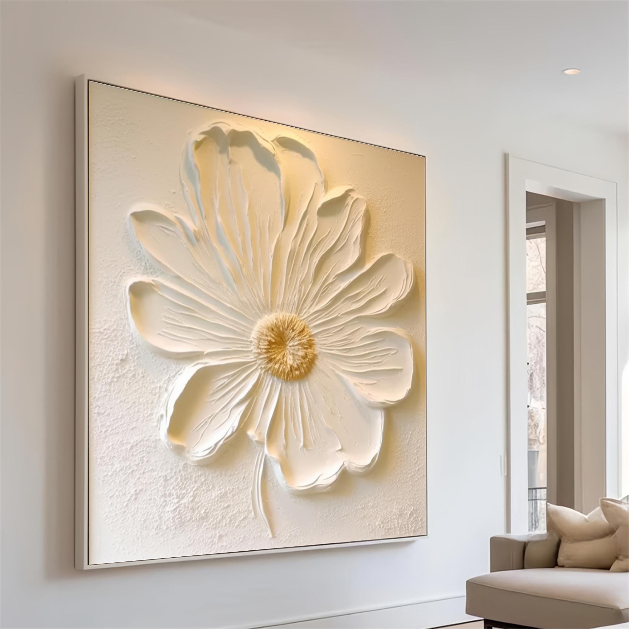 Large Beige Flower Oil Painting On Canvas,Beige Textured Flower Painting,Textured Flower Wall Art,Floral Textured Wall Art Living Room Decor