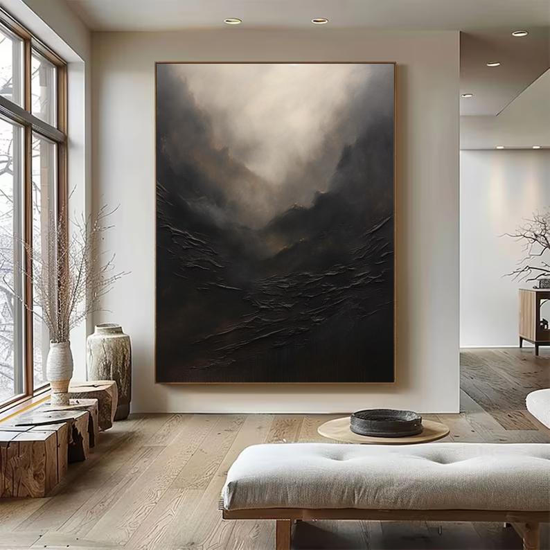 Large Black Textured Mountainscape Painting, Framed Wabi Sabi Wall Art ...
