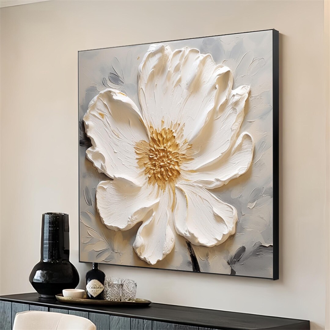 White 3D Texture Flower Painting 3D Textured Floral Wall Art Beige ...