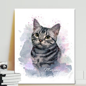Custom cat portrait from photo, photo to painting, aquarelle, animal watercolor portrait, pet portrait, Pet Memorial Gift canvas print.