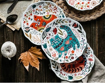 SETS Nordic Inspired Hand Crafted Cat Ceramic Plates/ Cute Art Design/ Creative Cartoon Colourful Serving Tableware Kitchenware Dinnerware