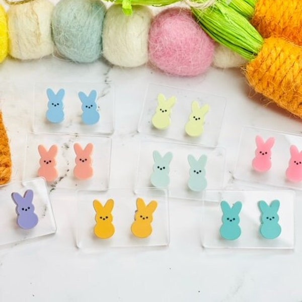 Easter Peeps Stud Earrings, Marshmallow Bunny, Spring Earrings, Acrylic, Hand Painted, Laser Engraved, Nostalgic, Small Gift, Spring Outfit