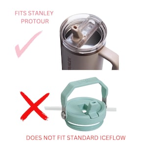 May include: A comparison of two different lids for a Stanley travel mug. The top lid is a clear lid with a straw hole and a slider, and it fits Stanley Protour mugs. The bottom lid is a green lid with a handle and a straw hole, and it does not fit standard Iceflow mugs.