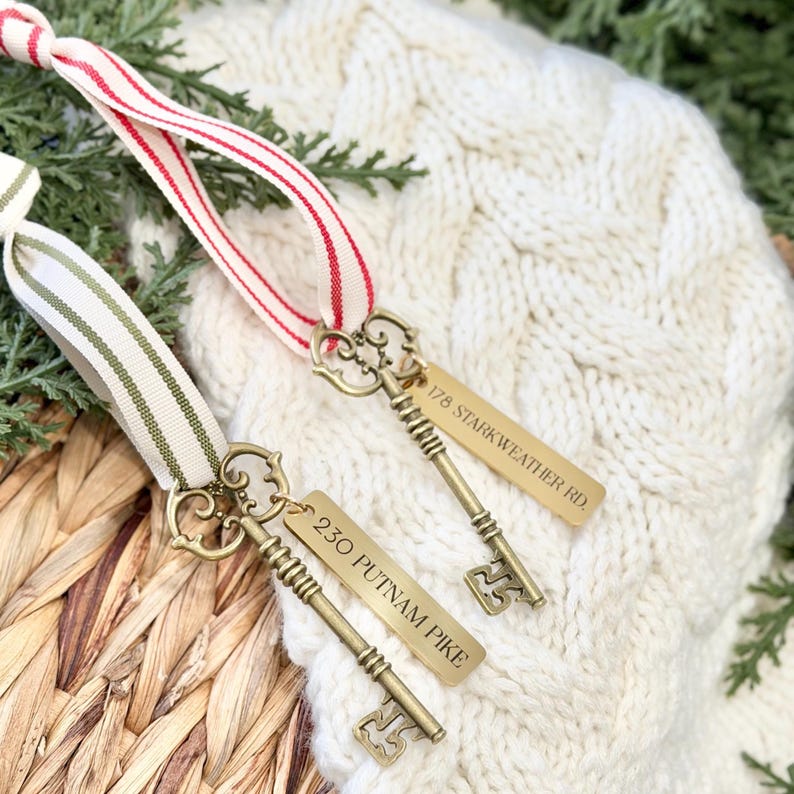 Engraved metal key ornament with address and year, new home gift