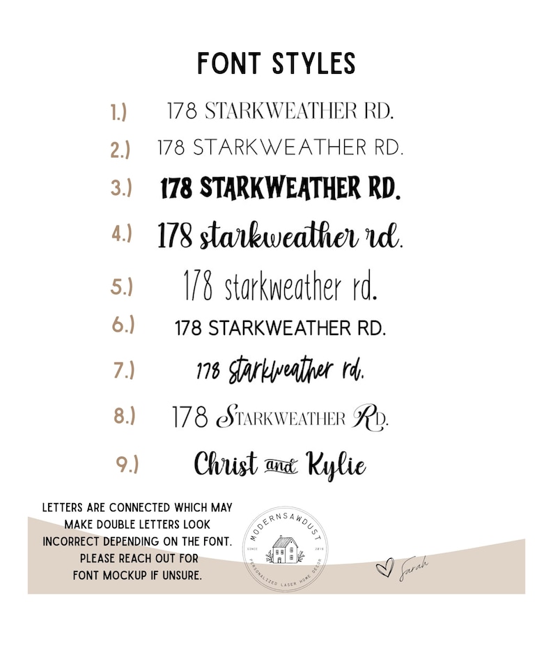 Pu&ograve; includere: Uno sfondo bianco mostra nove stili di carattere con il testo "FONT STYLES". Ogni stile mostra l'indirizzo "178 STARKWEATHER RD." o nomi. Un testo aggiuntivo spiega che le lettere collegate potrebbero apparire errate. Sono presenti anche un logo e una firma.