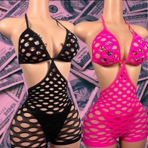 Exotic Dancewear One Piece Fishnet Set-Thong Included