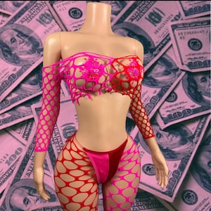 Exotic Dancewear Three Piece Fishnet Set