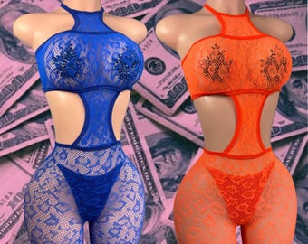 Exotic Dancewear One Piece Fishnet Set- Thong Included