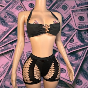 Exotic Dancewear Two Piece Fishnet Set-Thong Included