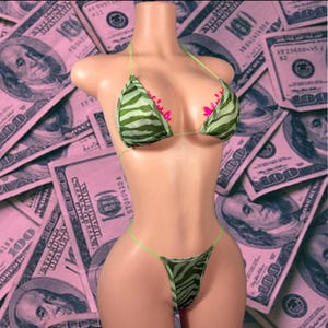 Op de afbeelding: Een tweedelige bikiniset met een groen en zwart zebramotief. De top is een triangelmodel met dunne limoengroene bandjes en felroze bloemvormige versieringen langs de binnenranden. Het bijpassende broekje is een stringmodel.