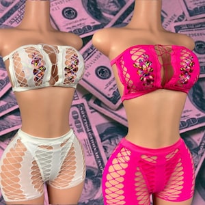 Exotic Dancewear Two Piece Fishnet Set - includes thong