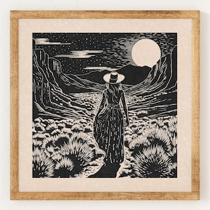 Desert Wanderer - Charity Vintage Linocut Style Print - Wild West - Boho Wall Art Print