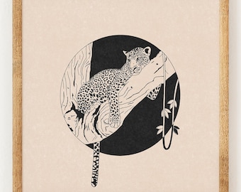 May include: Black and white line art print of a leopard lying on a branch in a circle. The leopard has spots and is looking to the left. The background is a light beige.