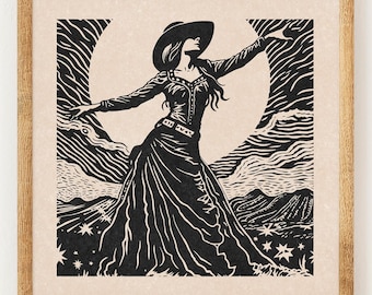 Dancer in the Desert - Charity Vintage Linocut Style Print - Wild West - Boho Wall Art Print