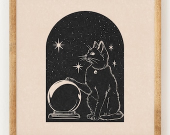 Black Cat and the Crystal Ball - Charity Vintage Linography Style Print - 70s Inspired Neutral Retro Decor - Boho Minimalist Wall Art
