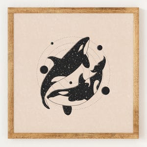 Baleias Orca Cósmicas - Impressão Charity Vintage Lino Style - Decoração Neutra Retro Inspirada nos Anos 70 - Arte de Parede Minimalista Boho