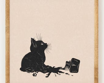 It wasn't me! - Charity Vintage Linography Style Print - 70s Inspired Neutral Retro Decor - Boho Minimalist Kitten Wall Art