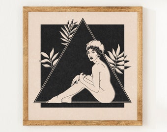 The Goddess - Charity Vintage Lino Style Print - 70s Inspired Neutral Retro Decor - Boho Minimalist Wall Art