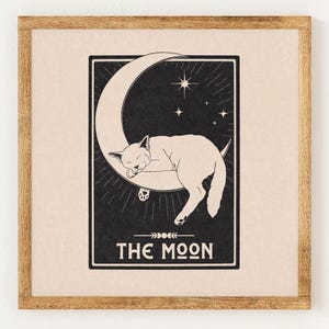La lune - carte de tarot chat - oeuvre caritative vintage Style lino impression - décoration céleste astrologie mystique - art mural minimaliste bohème