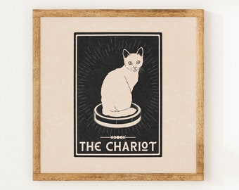 The Chariot - Cat Tarot Card - Charity Vintage Lino Style Print - Mystical Astrology Celestial Decor - Boho Minimalist Wall Art