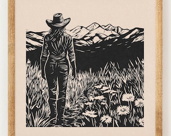 Mountain Wanderer - Charity Vintage Linocut Style Print - Wild West - Boho Wall Art Print