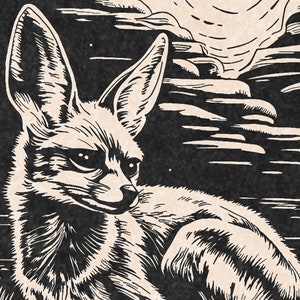May include: A black and white illustration of a fennec fox with large ears, sitting on a textured background.