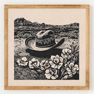 Cappello da cowboy - Stampa in stile linoleografia vintage di beneficenza - Far West - Stampa artistica da parete boho