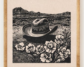 Cowboy Hat - Charity Vintage Linocut Style Print - Wild West - Boho Wall Art Print