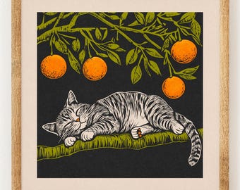 Orange Cat - Charity Vintage Lino Style Print - 70s Inspired Kitty Fruit Retro Decor - Boho Minimalist Wall Art
