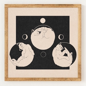 Moon Phases Cats - Charity Vintage Lino Style Print - 70s Inspired Neutral Retro Decor - Boho Minimalist Wall Art