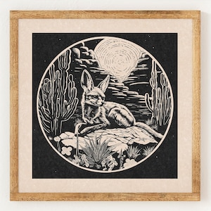 May include: Black and white illustration of a fennec fox sitting on a rock in a desert landscape. The fox is surrounded by cacti and flowers. A full moon shines in the night sky.