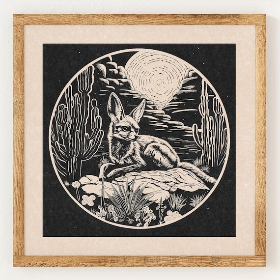 Fennec Fox - Charity Vintage Linocut Style Print - Wild West - Boho Wall Art Print