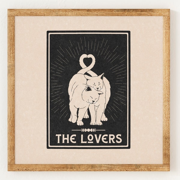 The Lovers - Cat Tarot Card - Charity Vintage Lino Style Print - Mystical Astrology Celestial Decor - Boho Minimalist Wall Art