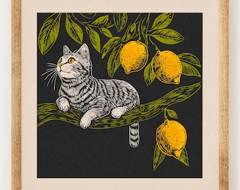 Lemon Cat - Charity Vintage Lino Style Print - 70s Inspired Kitty Fruit Retro Decor - Boho Minimalist Wall Art