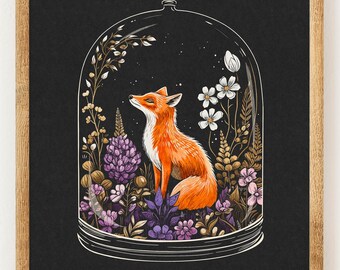 Fox Terrarium - Charity Vintage Linography Style Print - Wildflower and Plant Lover - Boho Minimalist Wall Art