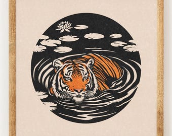 Tiger Lily - Charity Vintage Lino Style Print - 70s Inspired Neutral Retro Decor - Boho Minimalist Wall Art