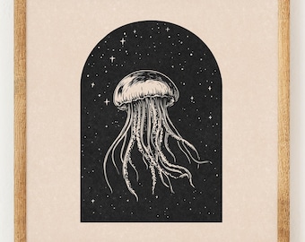 Celestial Jellyfish - Charity Vintage Linocut Style Print - Celestial Sealife - Boho Wall Art Print