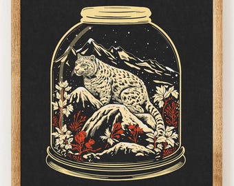 Snow Leopard Terrarium - Charity Vintage Linography Style Print - Big Cat and Plant Lover - Boho Minimalist Wall Art