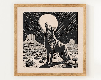 Coyote Moon - Charity Vintage Linocut Style Print - Wild West - Boho Wall Art Print