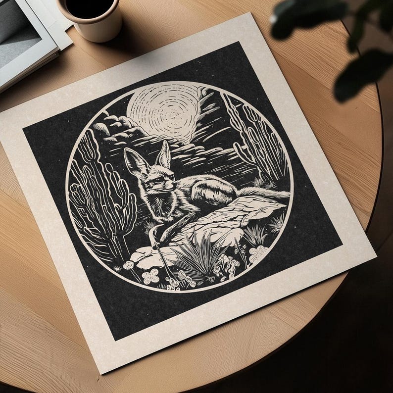 May include: Black and white illustration of a fennec fox sitting in a desert landscape with cacti and a full moon. The fox is looking to the right of the image.