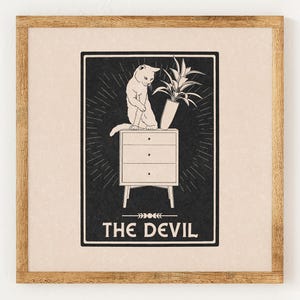 Il Diavolo - Carta dei Tarocchi del Gatto - Stampa in stile Lino Vintage di Beneficenza - Decorazione Celeste con Astrologia Mistica - Arte Murale Minimalista Boho