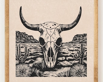Desert Longhorn Skull - Charity Vintage Linocut Style Print - Wild West - Boho Wall Art Print