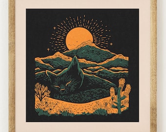 Cat Mountain - Charity Vintage Linocut Style Print - Kitty Mountain Scenery - Boho Western Wall Art Print
