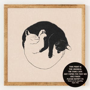Gatti Yin e Yang - Stampa in stile linoleum vintage di beneficenza - Decorazione retrò neutra ispirata agli anni '70 - Arte murale minimalista boho