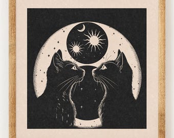 Sun and Moon Cats - Charity Vintage Linography Style Print - 70s Inspired Neutral Retro Decor - Boho Minimalist Wall Art