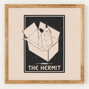 L'Eremita - Carta dei Tarocchi del Gatto - Stampa in stile Lino Vintage di Beneficenza - Decorazione Celeste con Astrologia Mistica - Arte Murale Minimalista Boho