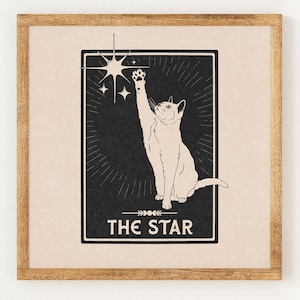 L'étoile - carte de tarot chat - impression caritative de style lino vintage - décoration céleste astrologie mystique - art mural minimaliste bohème