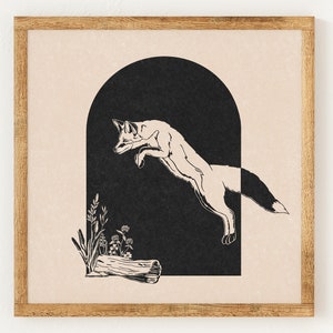 Pouncing Fox - Charity Vintage Lino Style Print - 70s Inspired Neutral Retro Decor - Boho Minimalist Wall Art