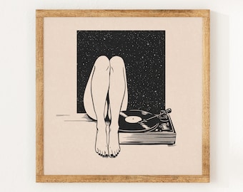 Music is my escape - Charity Vintage Linocut Style Print - Retro Record Vinyl - Boho Wall Art Print